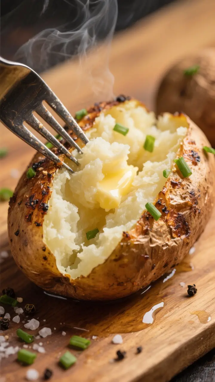 Close-up detail, split-and-fluff moment: A just-smoked baked russet potato split lengthwise, interio