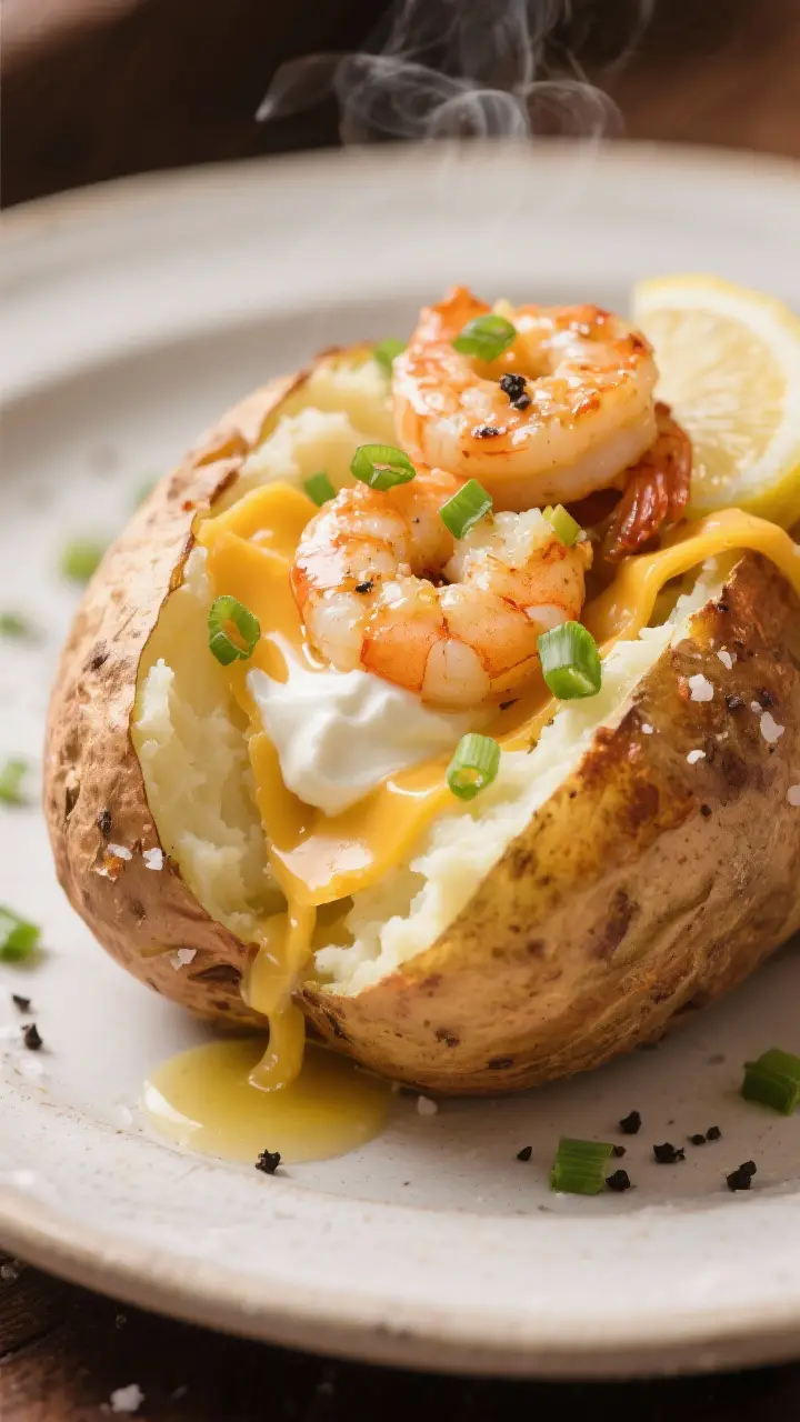 Close-up detail: Split baked russet potato with ultra-crisp, salted skin and fluffy, steaming interi