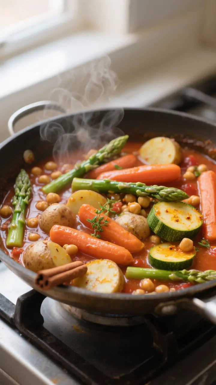 Close-up detail: Spring vegetable and chickpea tagine mid-simmer in a wide, heavy pot, showing tende