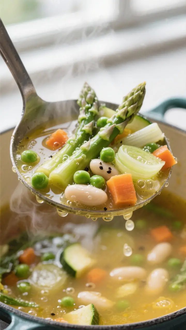 Close-up detail: Steam-kissed ladle of Spring Garden Vegetable Soup just lifted from the pot, showca