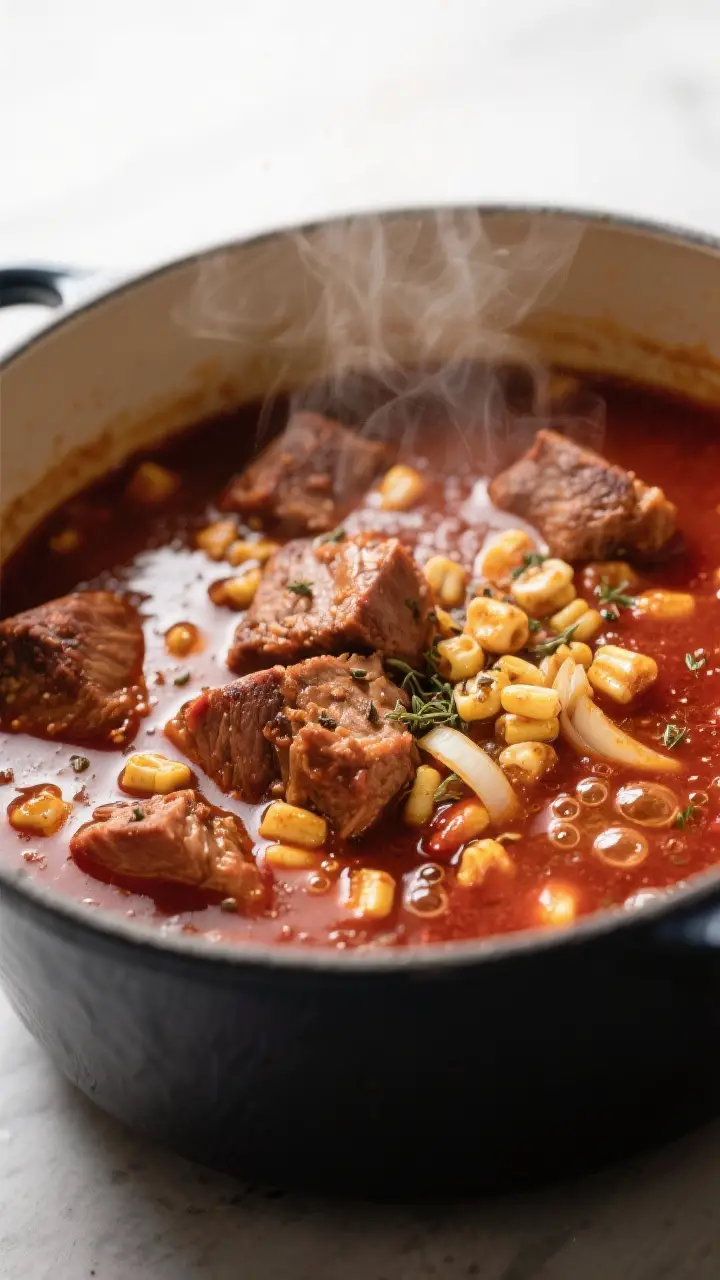 Close-up detail: Tender, browned pork shoulder cubes simmering in a deep red New Mexico chile broth 