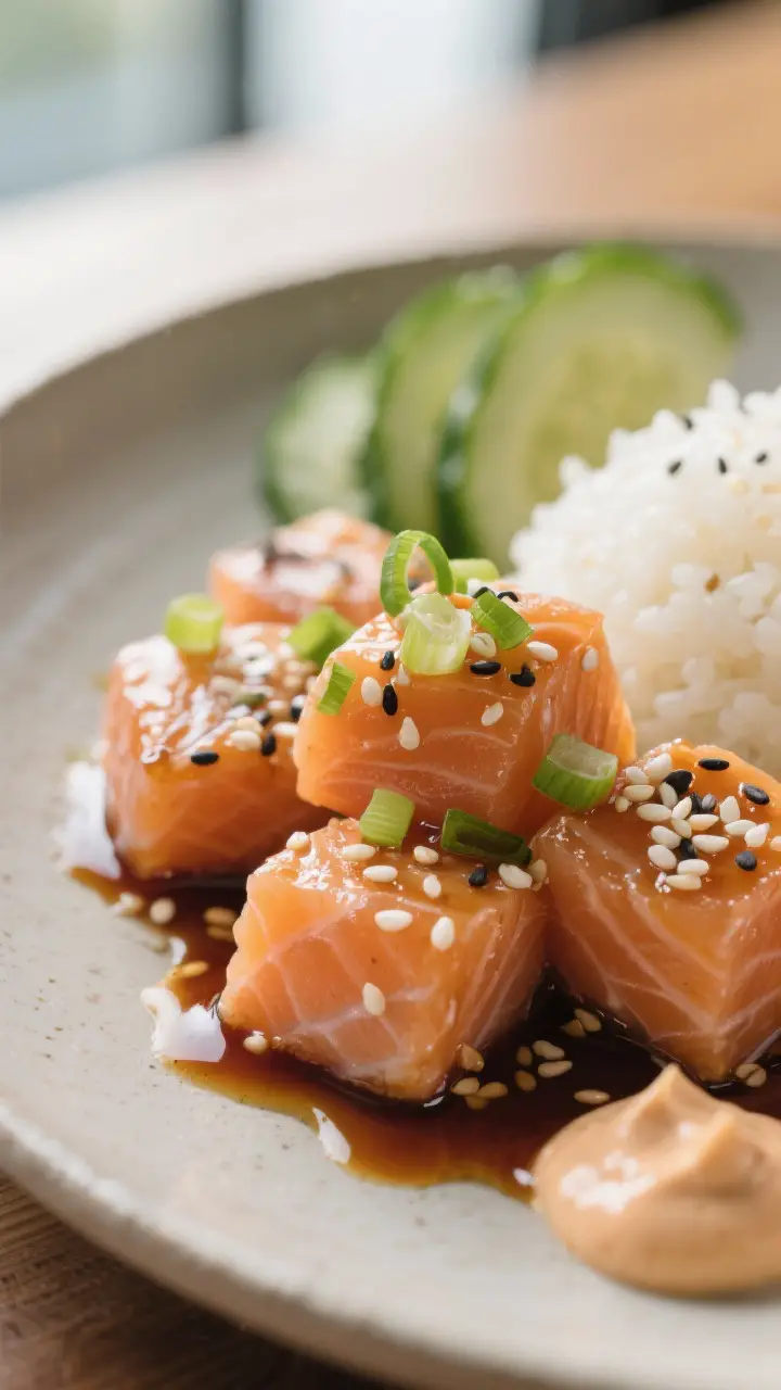 Close-up detail: Tender marinated salmon cubes glistening with soy-sesame-lime marinade, lightly coa