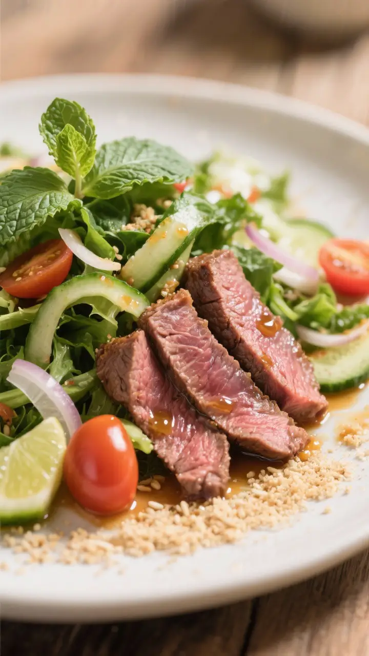 Close-up detail: Thinly sliced medium-rare beef laid over mixed greens with torn mint, cilantro, and