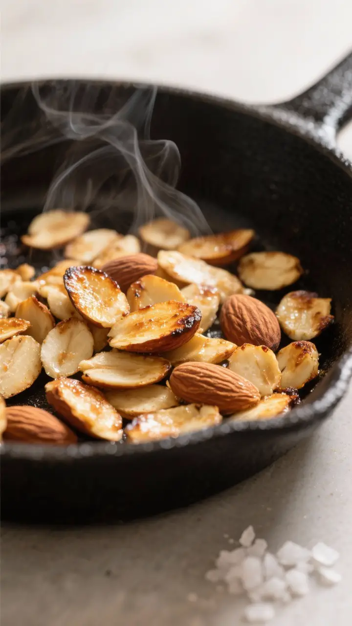 Close-up detail: Toasted sliced almonds cooling in a matte black skillet, golden and lightly blister
