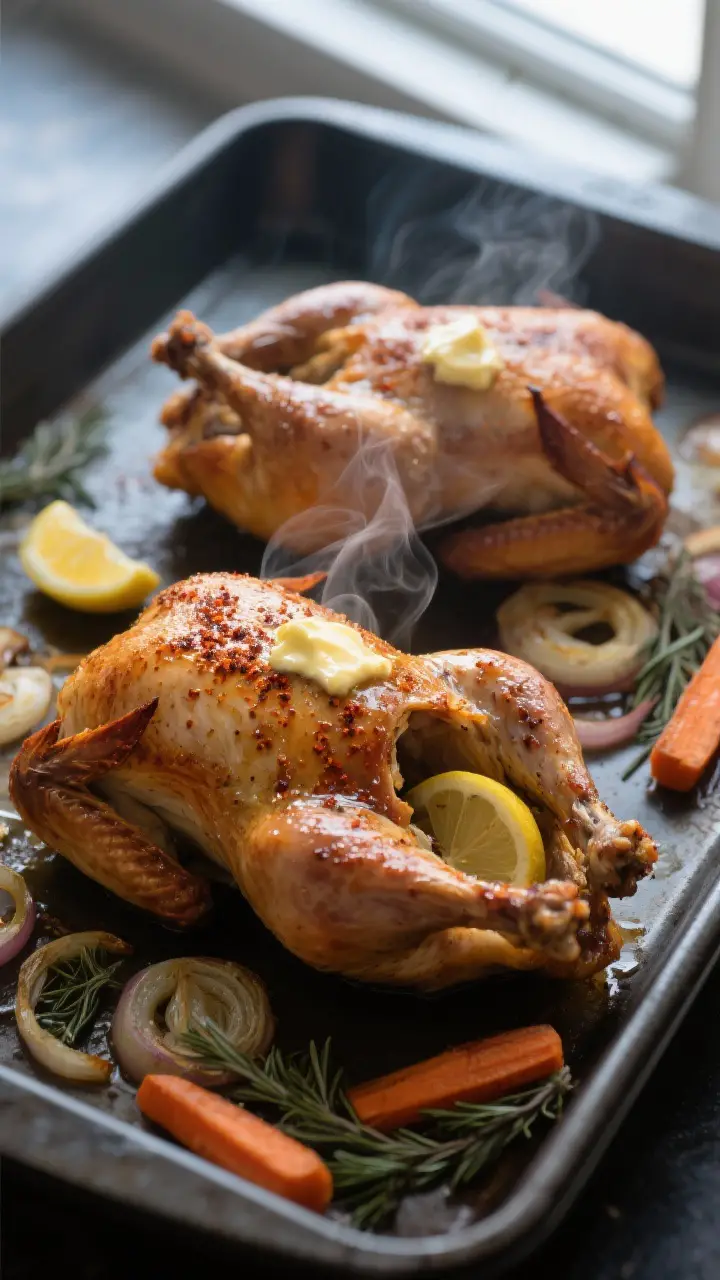 Close-up detail: Two slow-cooked Cornish hens just transferred to a sheet pan for broiling, skin alr