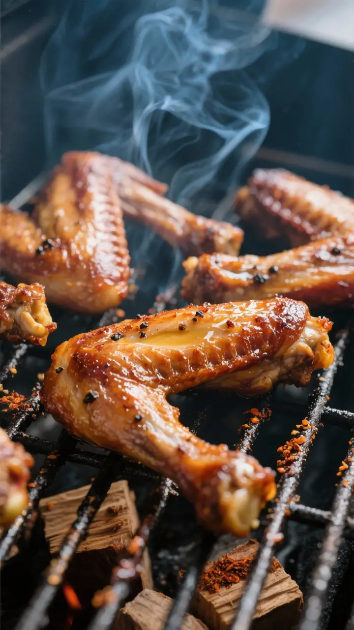Close-up detail: Ultra-close shot of smoked turkey wing flats and drumettes on the smoker grates at 