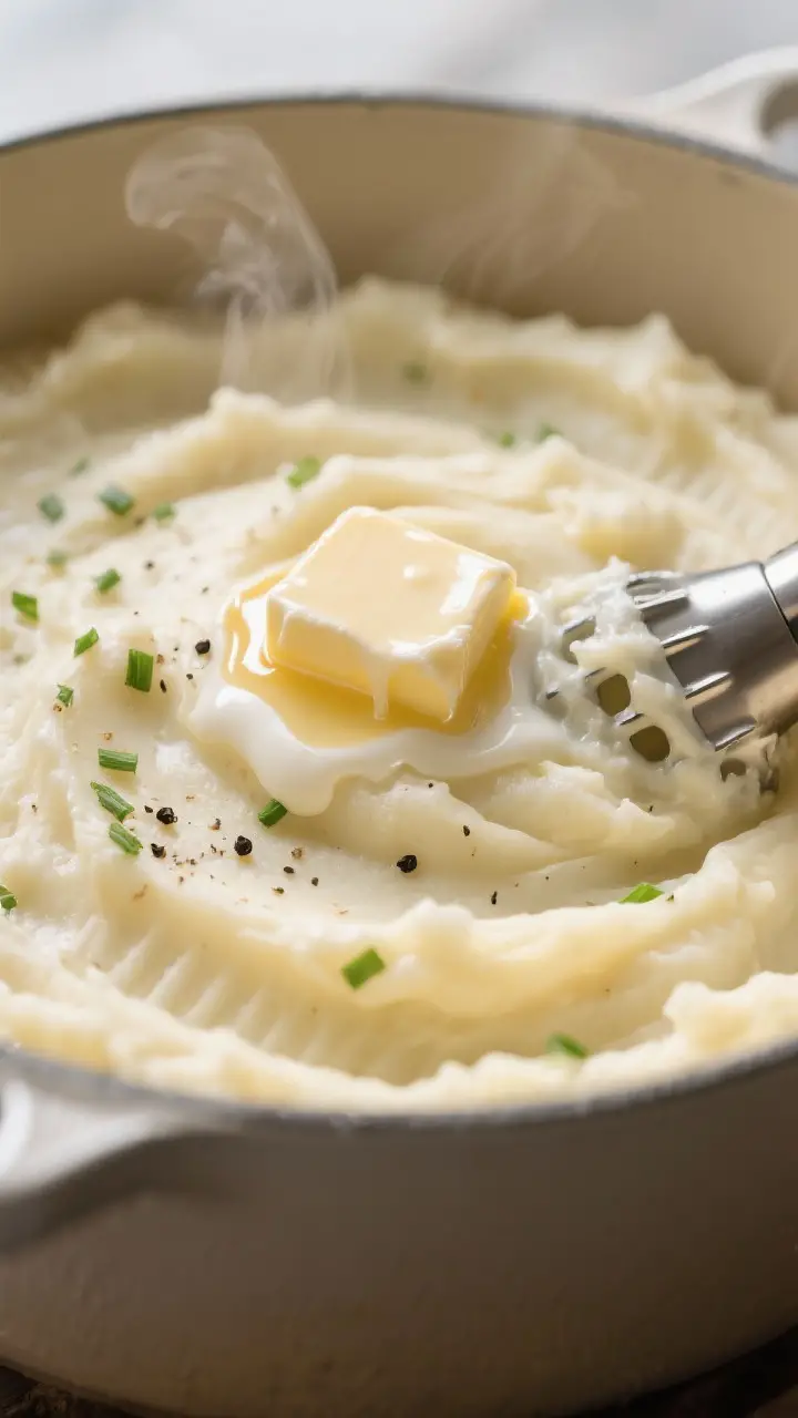 Close-up detail, : Ultra-smooth smoked mashed potatoes being finished in the pot, a glossy knob of m