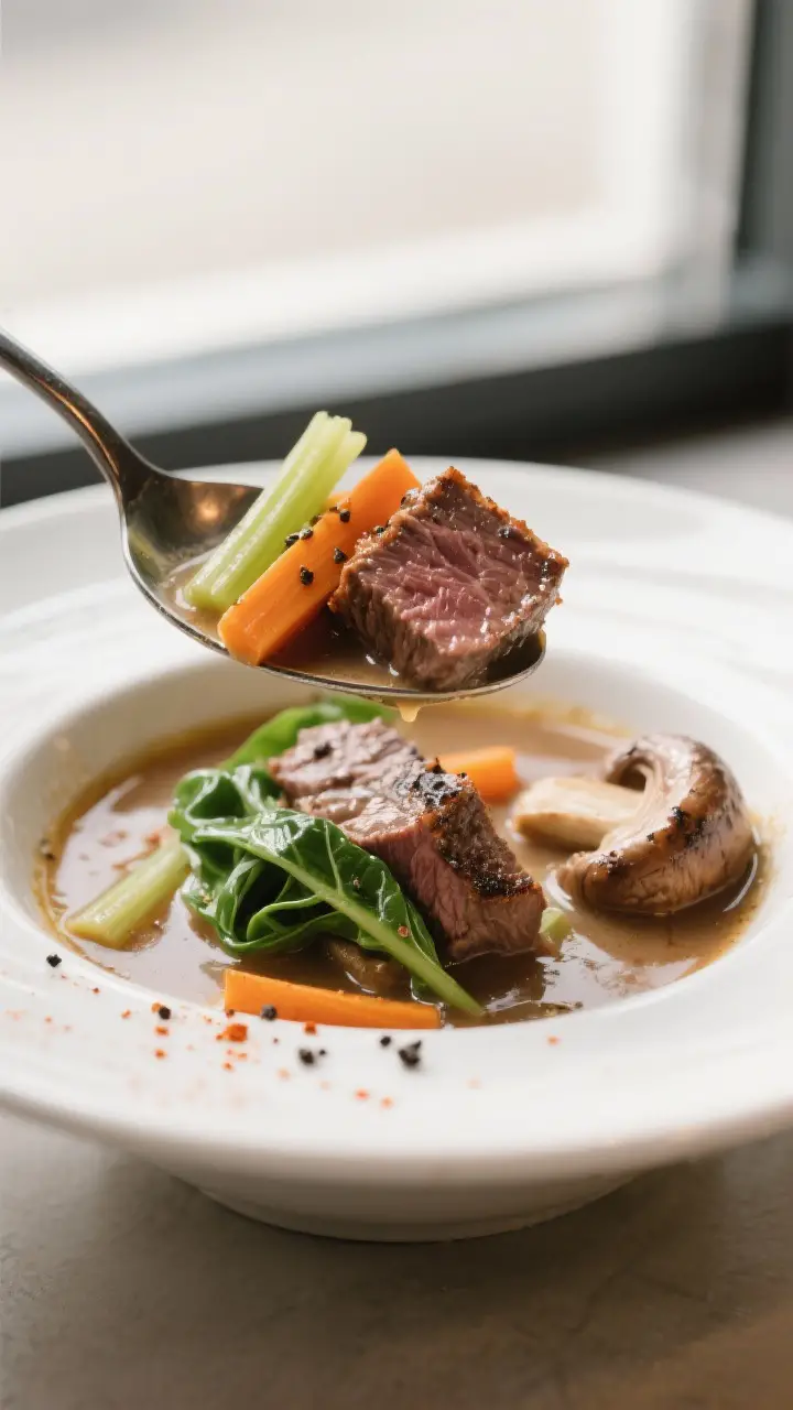 Close-up final plating: Ultra close-up of a spoonful lifted above the bowl, capturing spoon-tender b