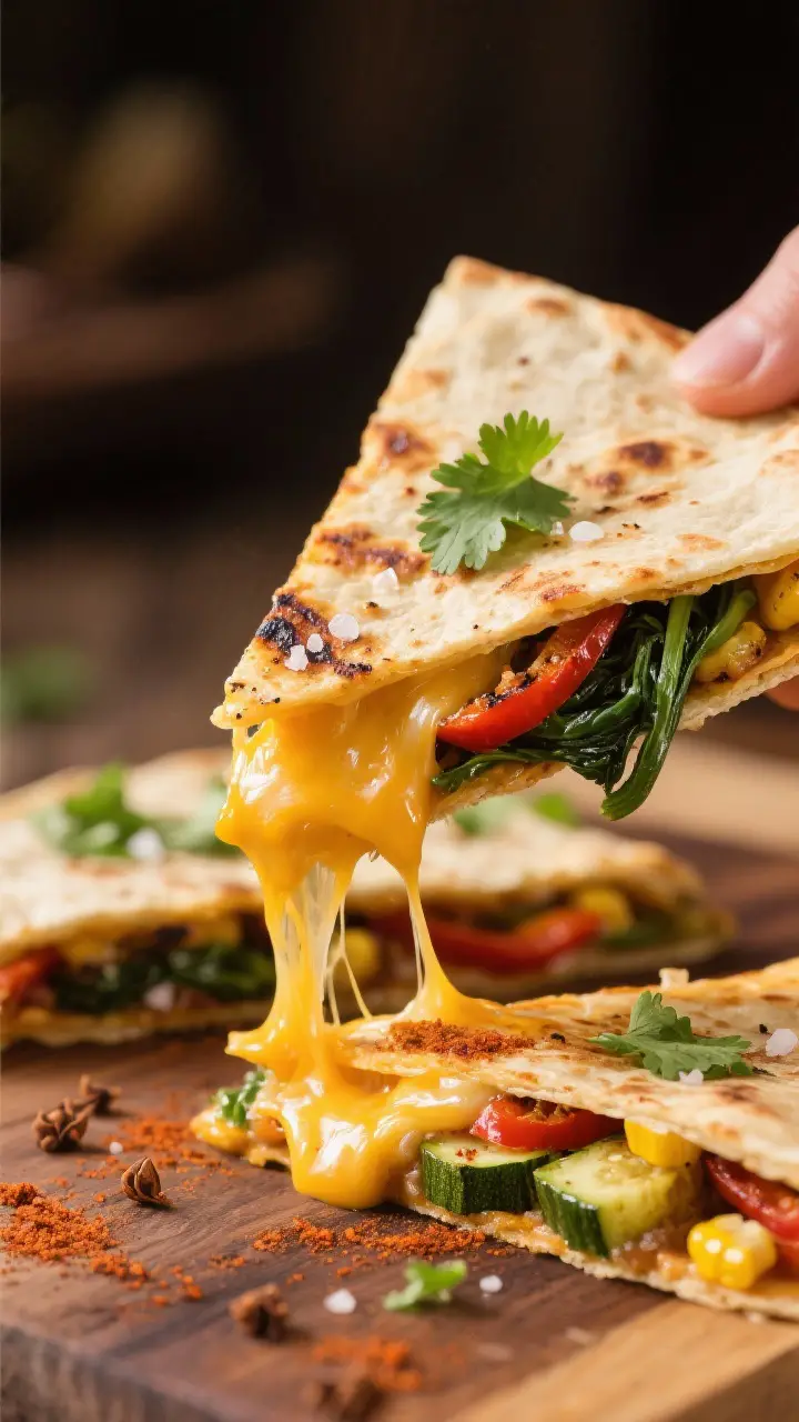Close-up melty detail: Extreme close-up of a sliced grilled vegetable quesadilla wedge being lifted,