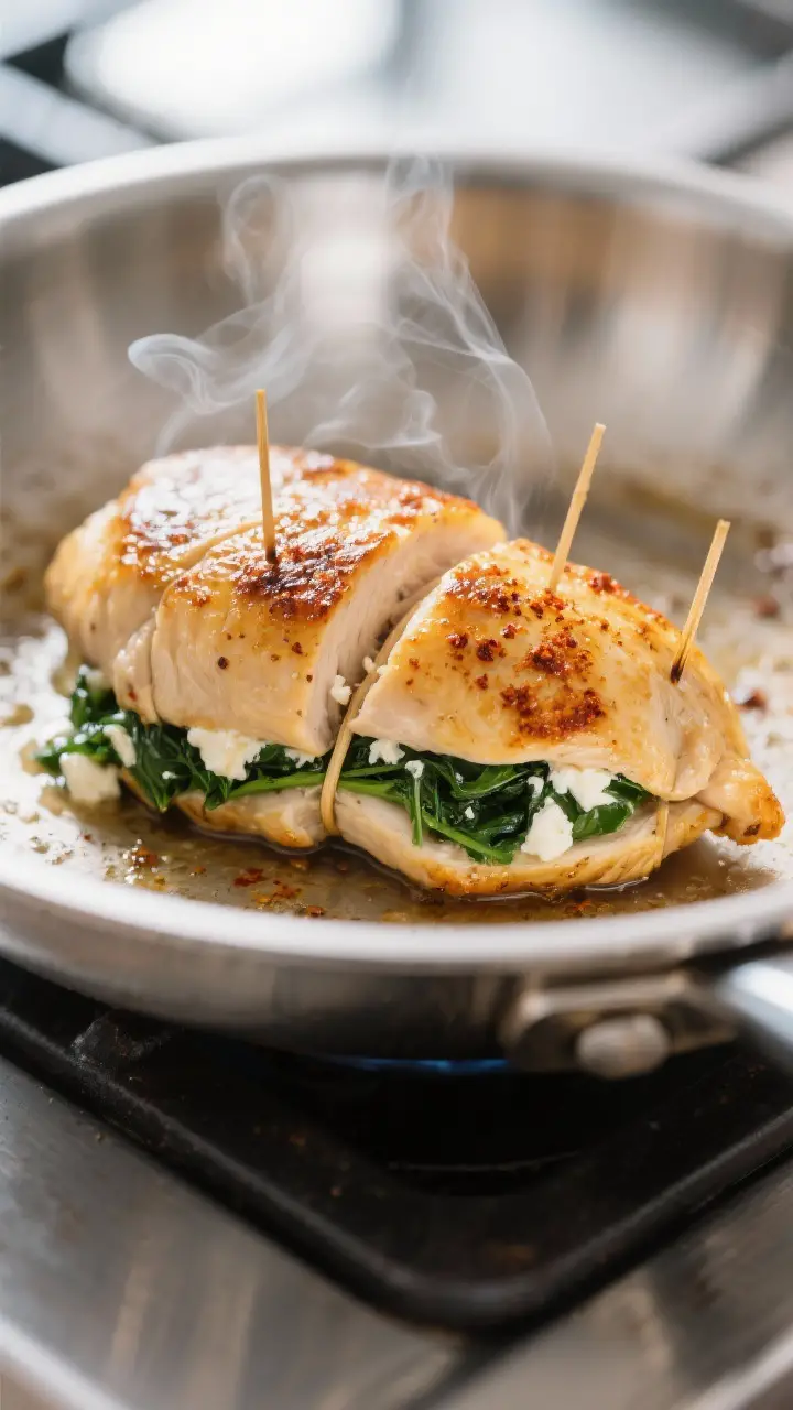 Close-up process shot: Golden-seared chicken breasts stuffed with garlicky spinach and creamy feta,