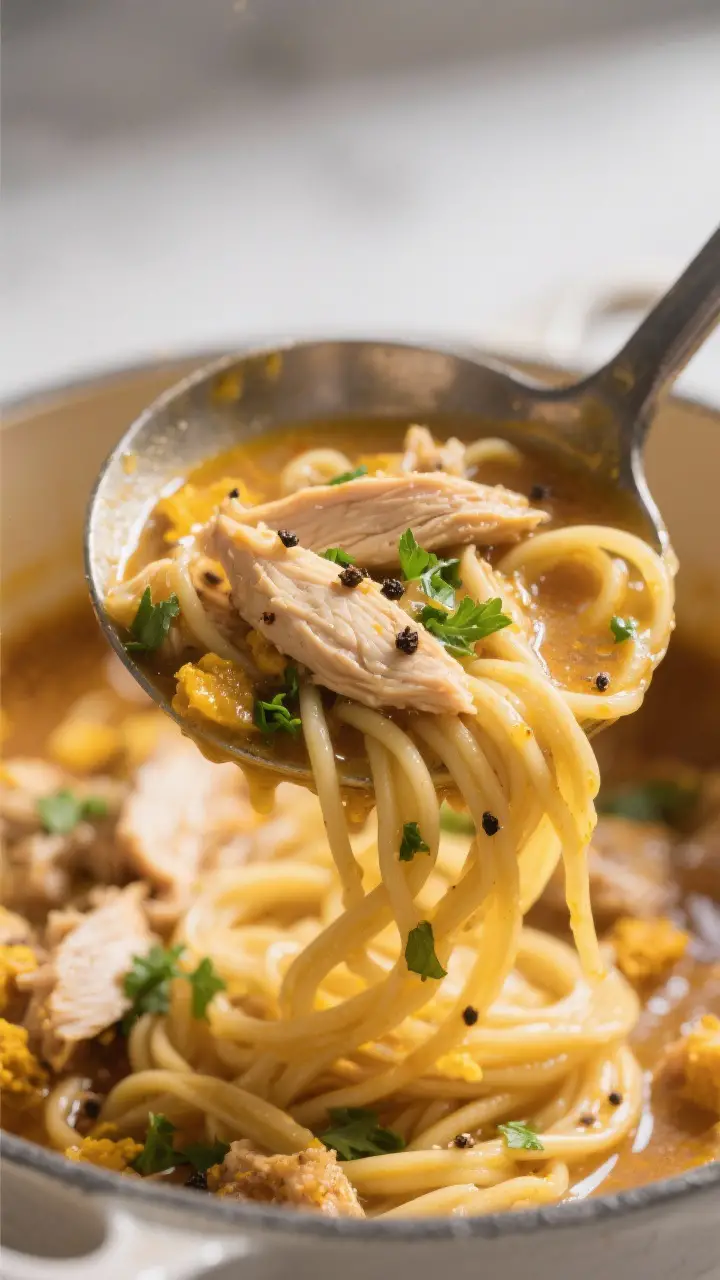 Close-up texture detail, hearty and glossy: Ultra close-up of a ladle lifting the finished chicken a