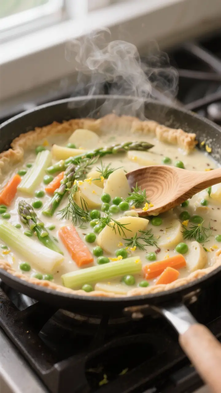 Cooking process: A creamy spring vegetable pot pie filling simmering in a wide skillet, showing glos