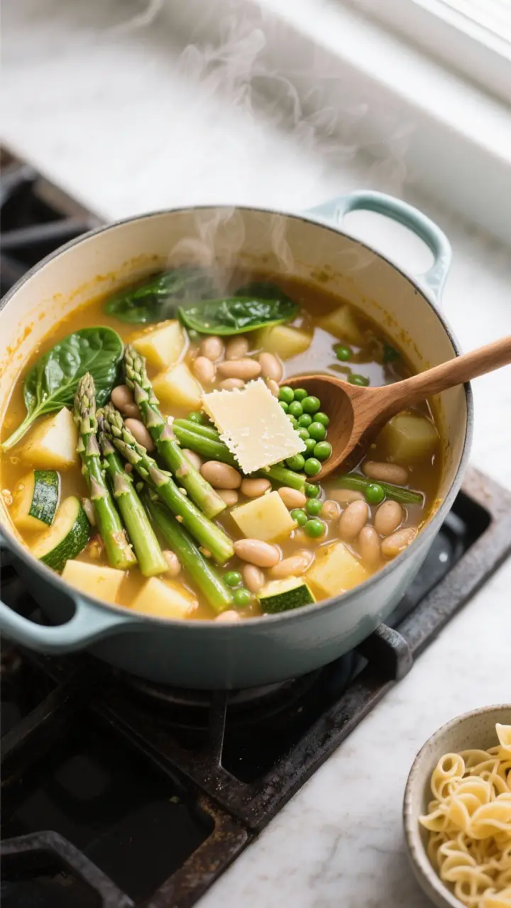 Cooking process: A Dutch oven on the stovetop with the spring minestrone mid-simmer, overhead shot. 