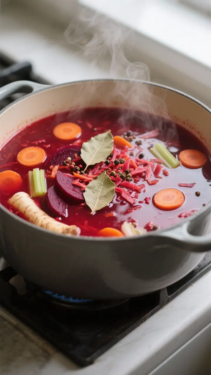 Cooking process: A large pot of simmering Polish beet soup (barszcz) on the stove, vegetables fully 