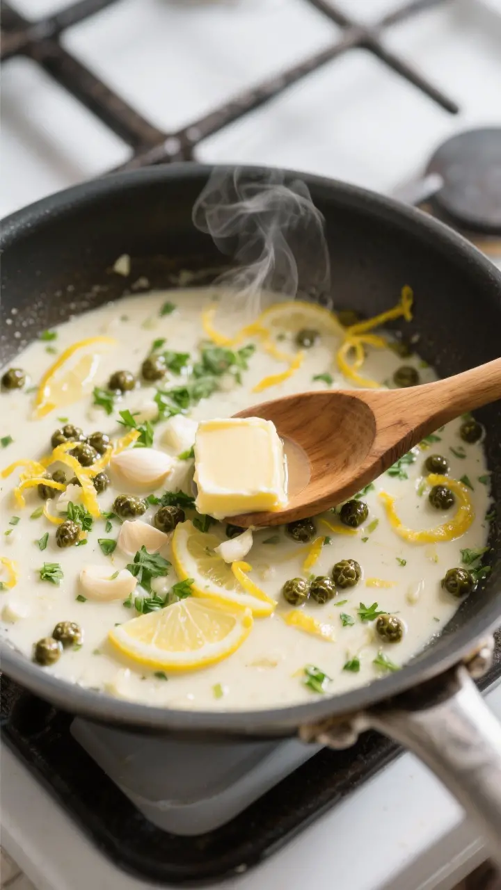 Cooking process action: Overhead shot of the lemon-caper sauce finishing in the same skillet—white