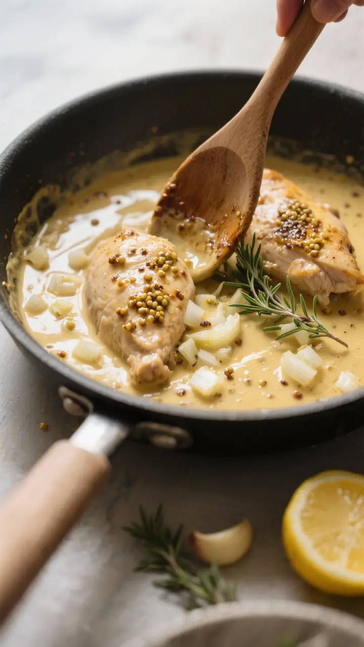 Cooking process action shot: Deglazing stage in the same skillet after chicken is removed—silky mu