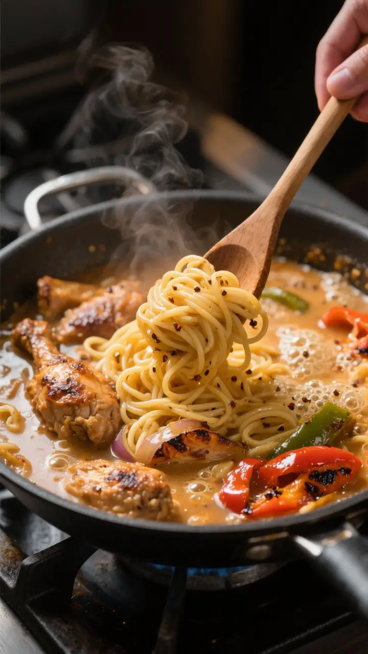 Cooking process: Action shot of the one-pot stage where pasta, browned chicken, and broth are simmer
