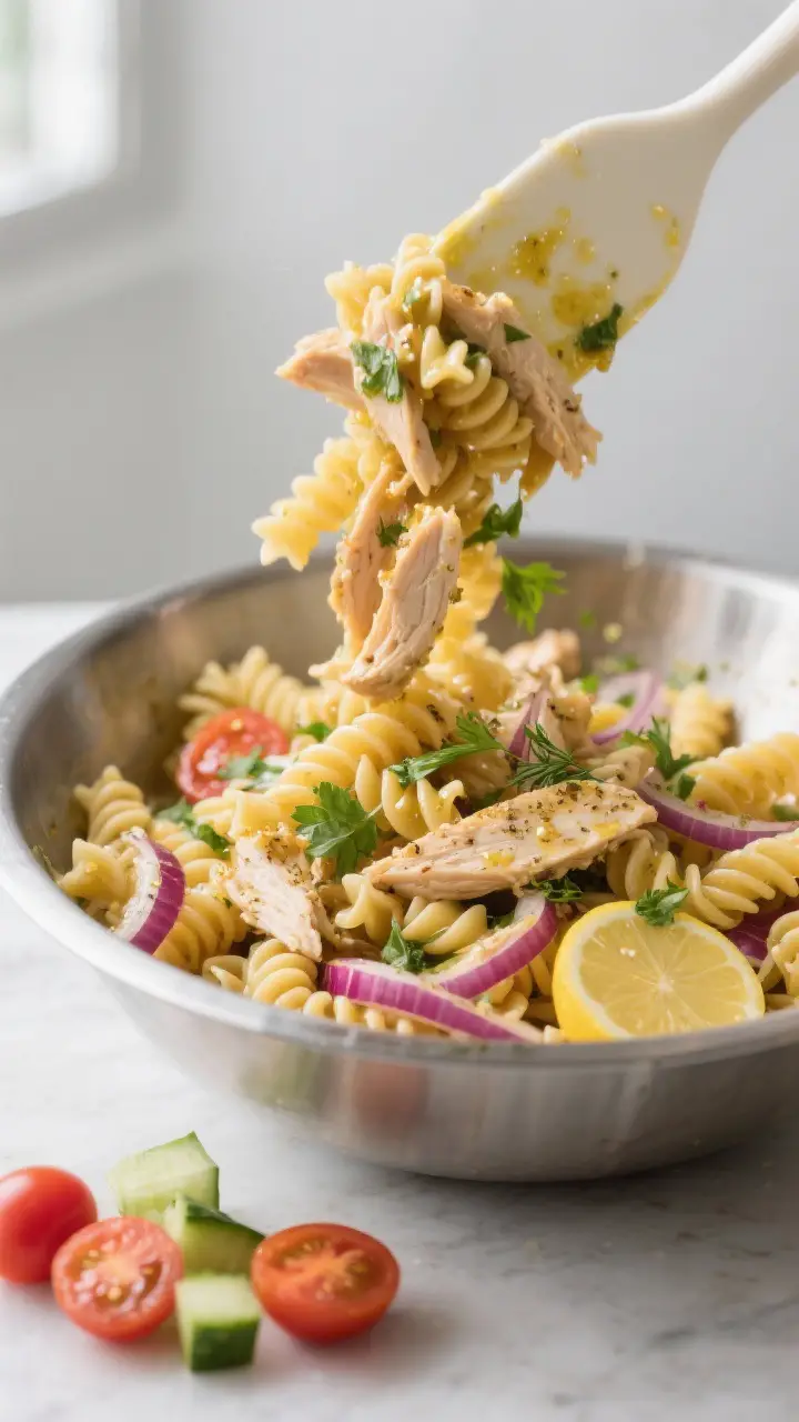 Cooking process: Al dente fusilli being tossed with warm, seasoned shredded chicken and a glossy lem
