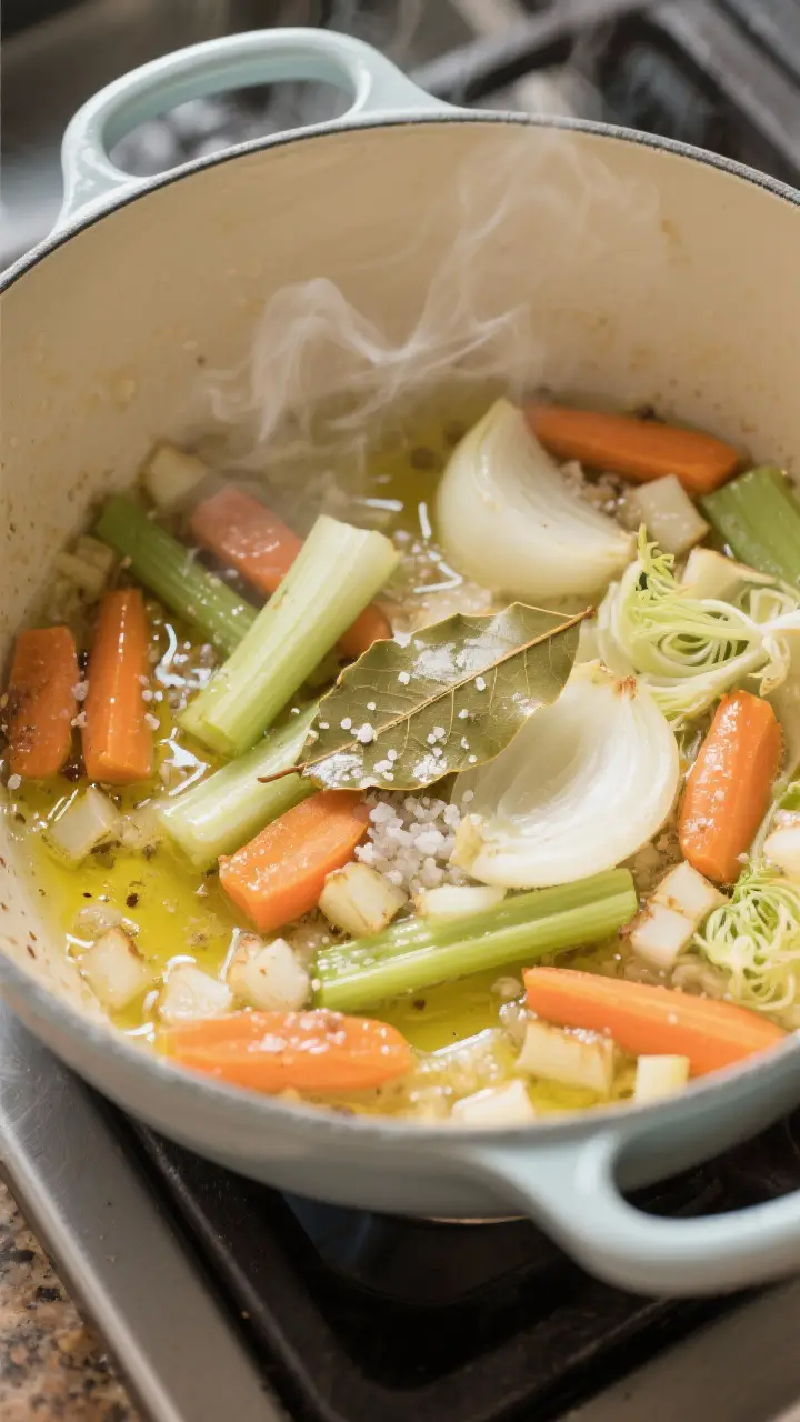 Cooking process: Aromatics and sturdy veggies sautéing in olive oil in a wide, enameled pot—onion