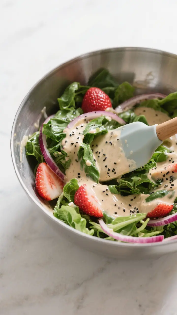 Cooking/process assembly: Mixed greens base lightly tossed with a sheer coat of creamy poppy seed dr