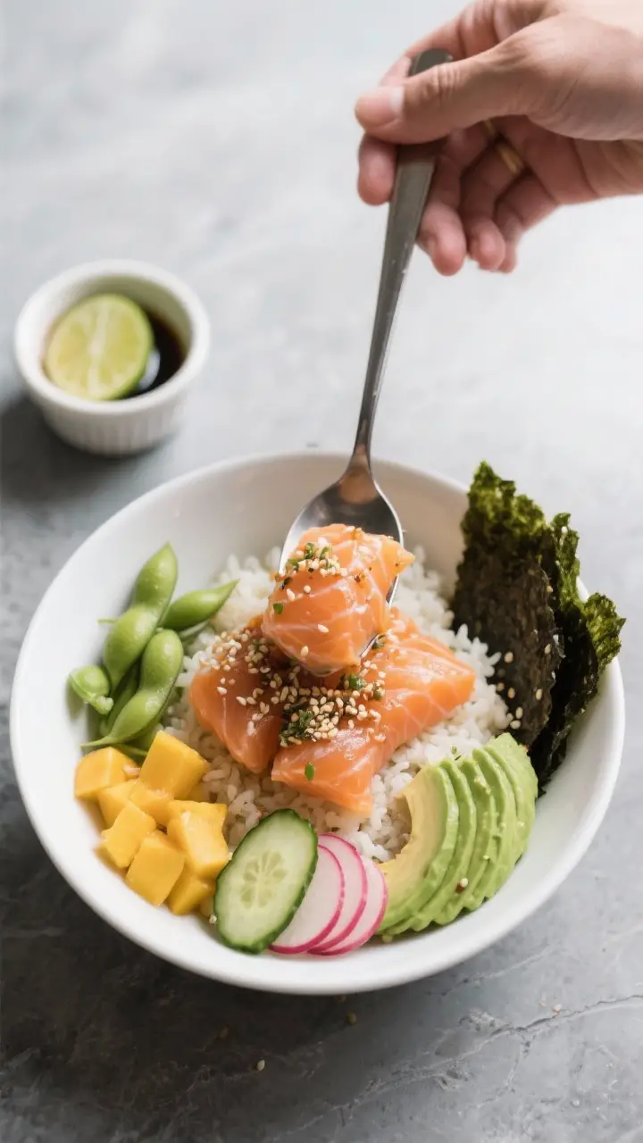 Cooking process (assembly): Salmon poke bowl being assembled over a base of warm, seasoned sushi ric