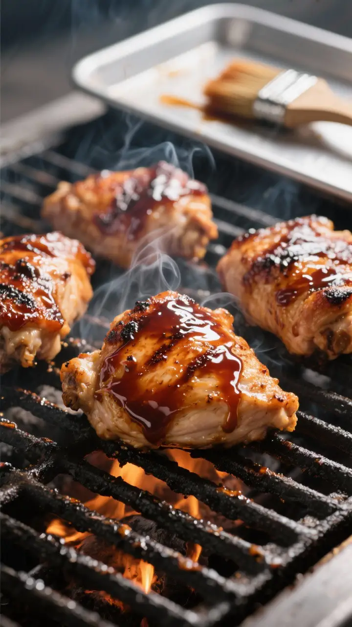 Cooking process – BBQ-glazed chicken on the grill: Medium close-up of juicy chicken thighs sizzlin