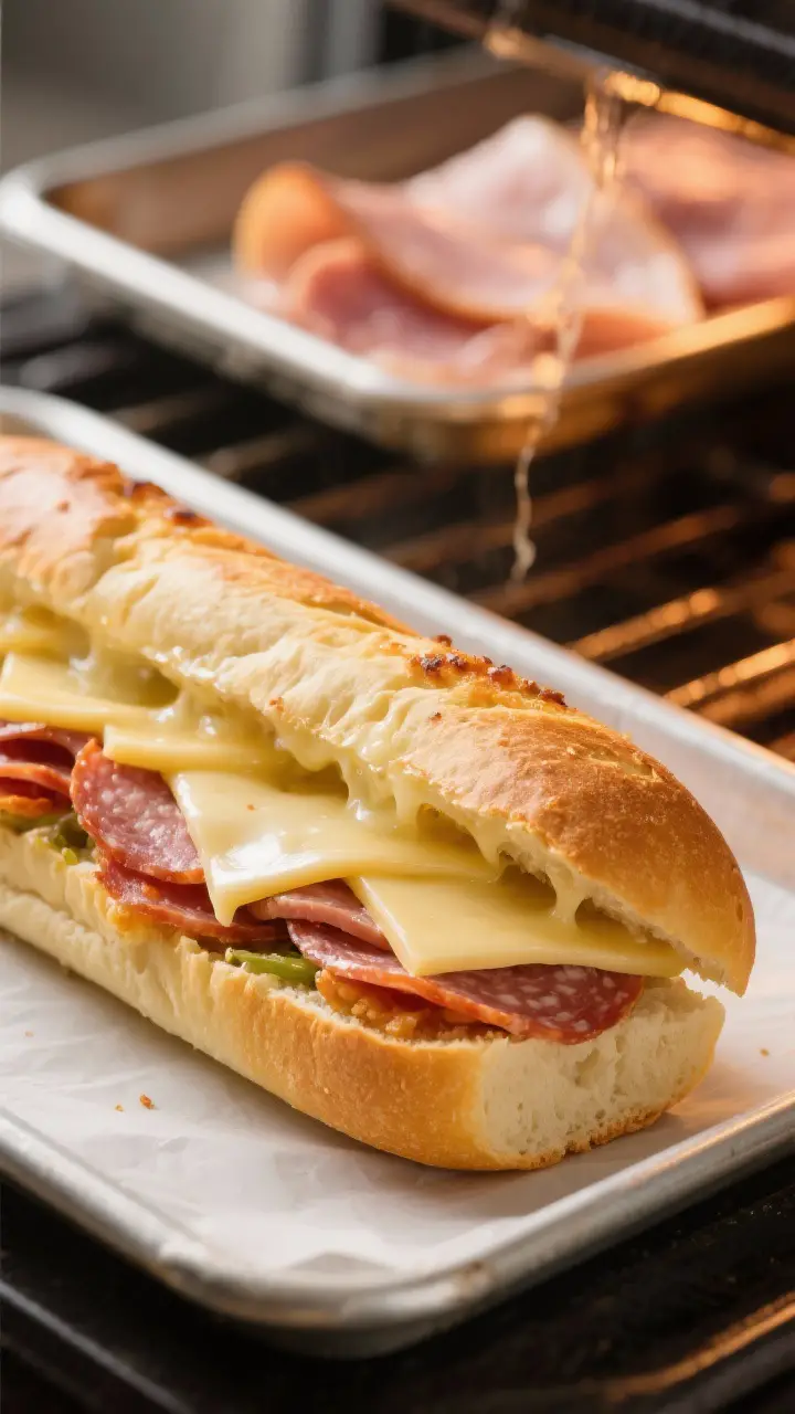 Cooking process — broiler melt: Open Italian hoagie roll, lightly toasted with crisp golden edges,