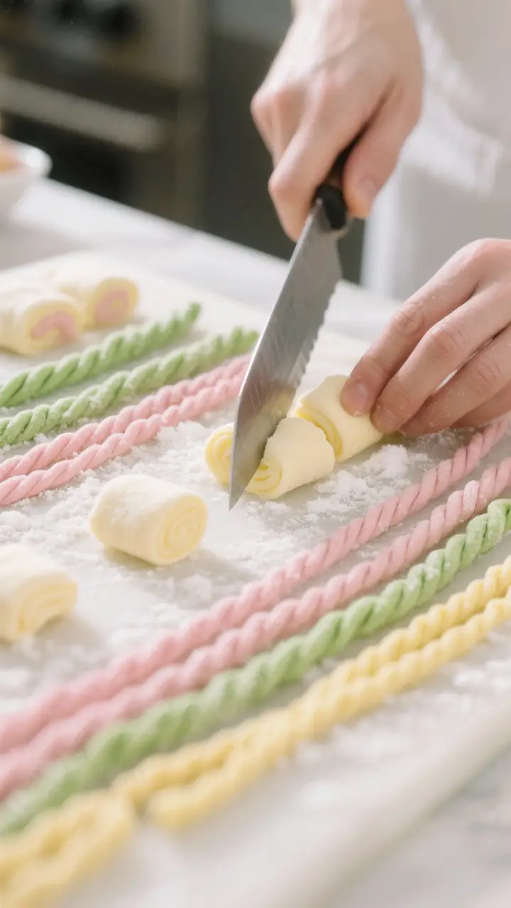Cooking process: Butter mint ropes being rolled and sliced into 1/2-inch bite-size pillows on a ligh