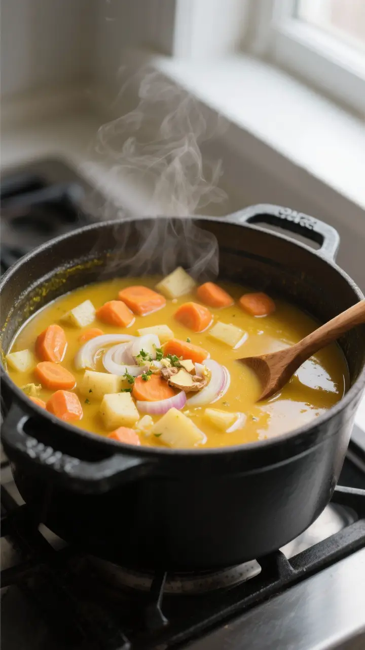Cooking process: Carrot Ginger Soup simmering in a wide, matte-black Dutch oven on the stove, carrot