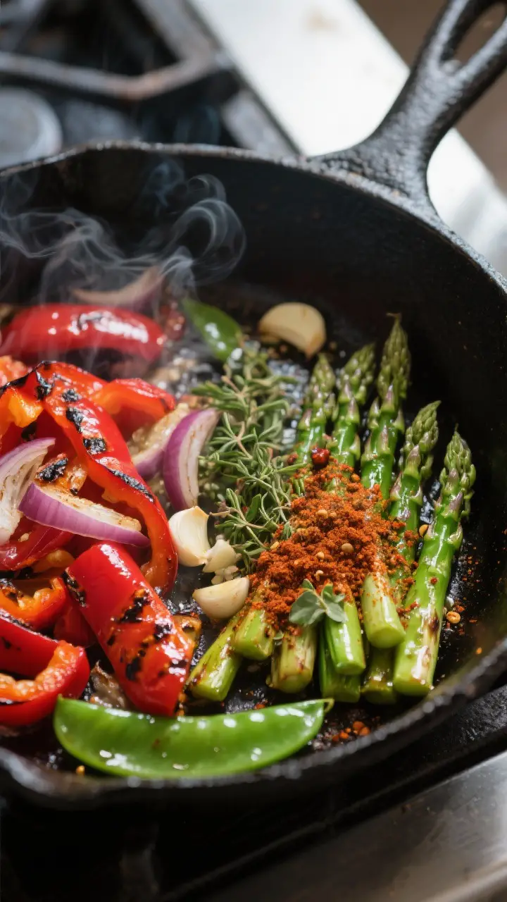 Cooking process, cast-iron sear: Sizzling spring vegetable fajitas mid-cook in a black cast-iron ski