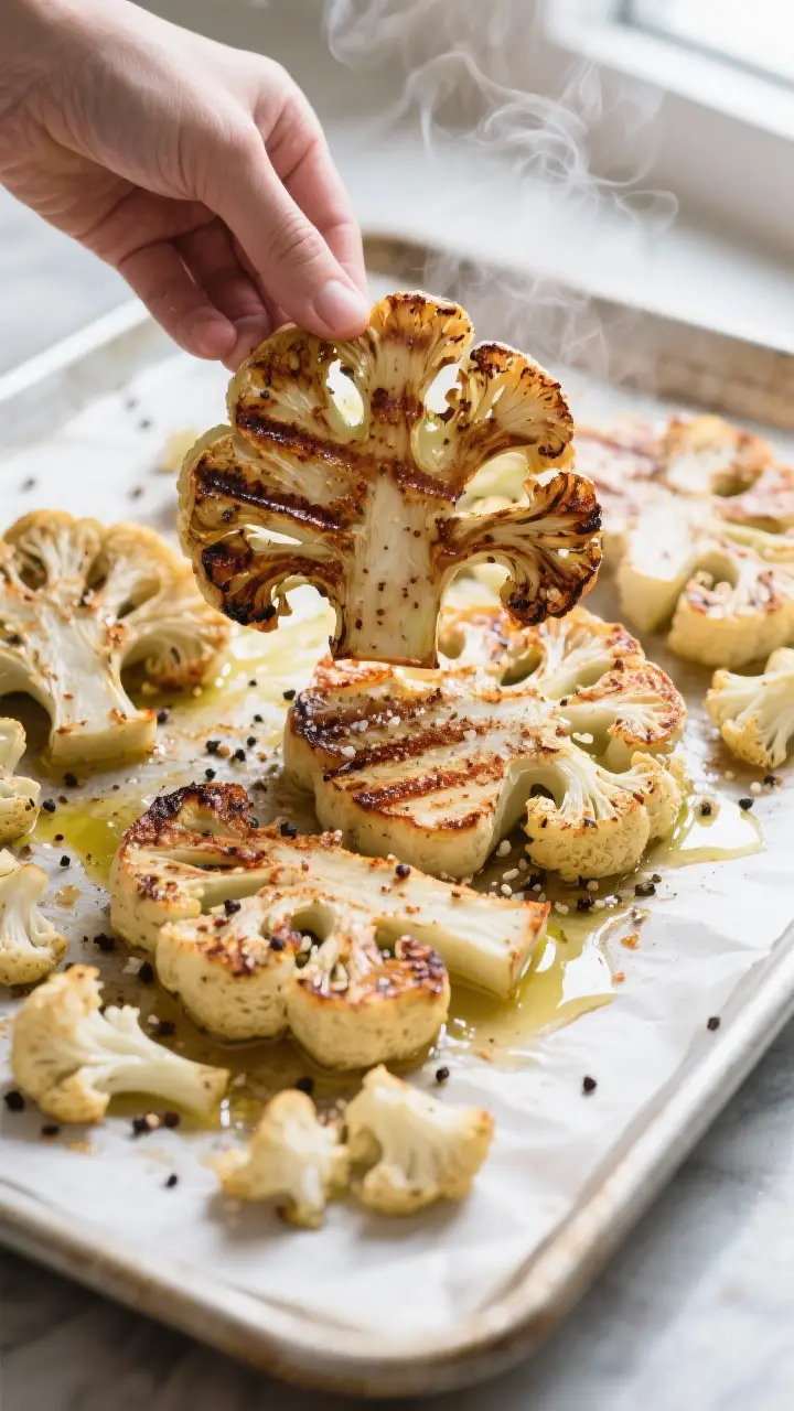 Cooking process: Cauliflower steaks mid-roast on a parchment-lined sheet pan at 425°F, freshly flip