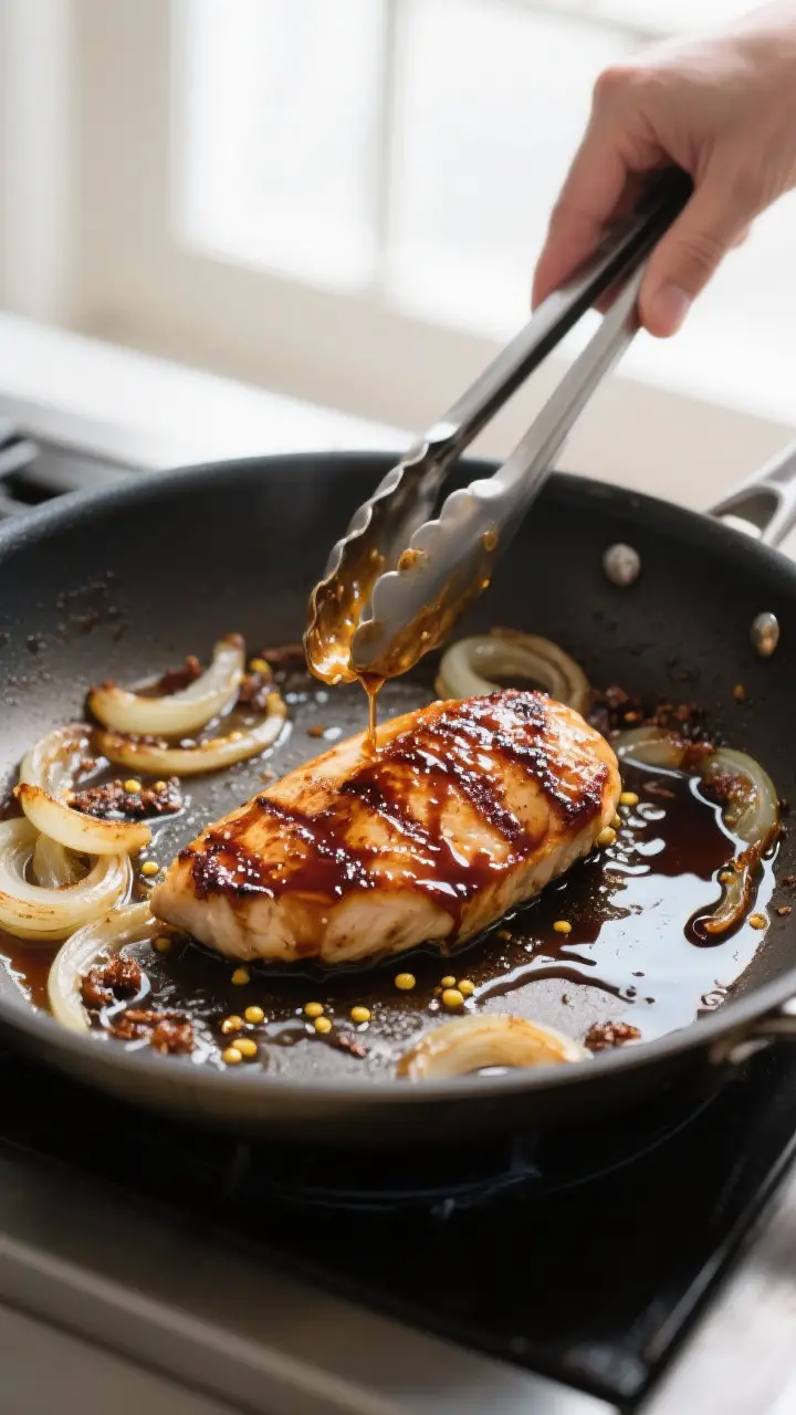 Cooking process: Chicken breasts finishing in the glaze, mid-simmer in one large skillet; tongs have