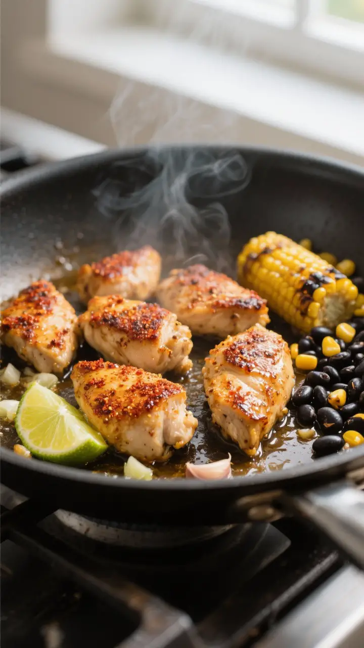 Cooking process – chili-lime chicken sear: Bite-size, spice-rubbed chicken pieces sizzling in a ho