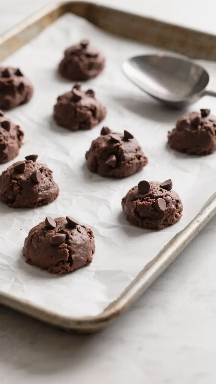 Cooking process: Chilled, portioned cookie dough mounds (about 2 tablespoons each) spaced on a cool,