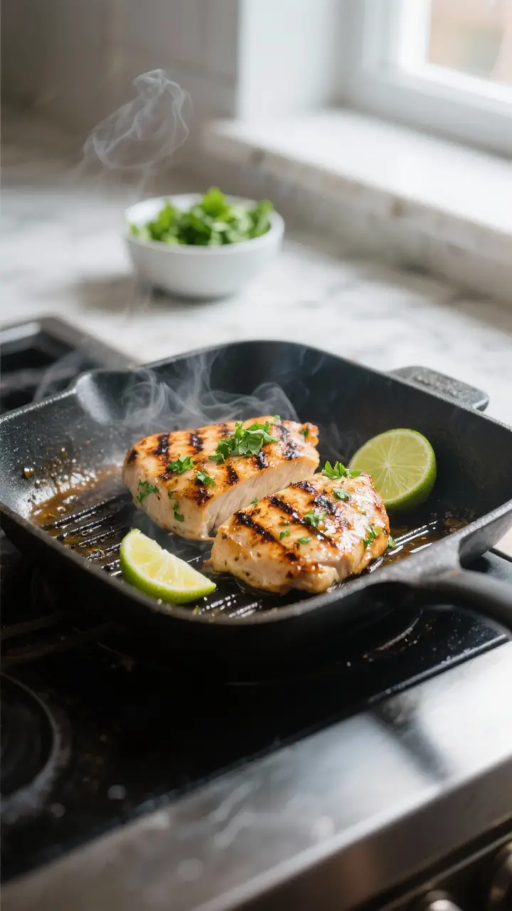 Cooking process: Cilantro-lime chicken sizzling in a grill pan, mid-cook with defined char marks and