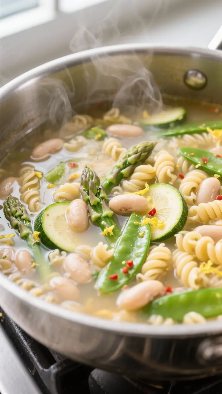 Cooking process close-up: A bright, clear broth minestrone simmering in a large stainless pot, focus