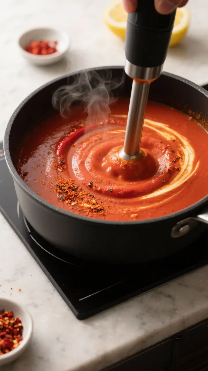 Cooking process close-up: A deep saucepan on the stove with roasted red pepper soup at a gentle simm