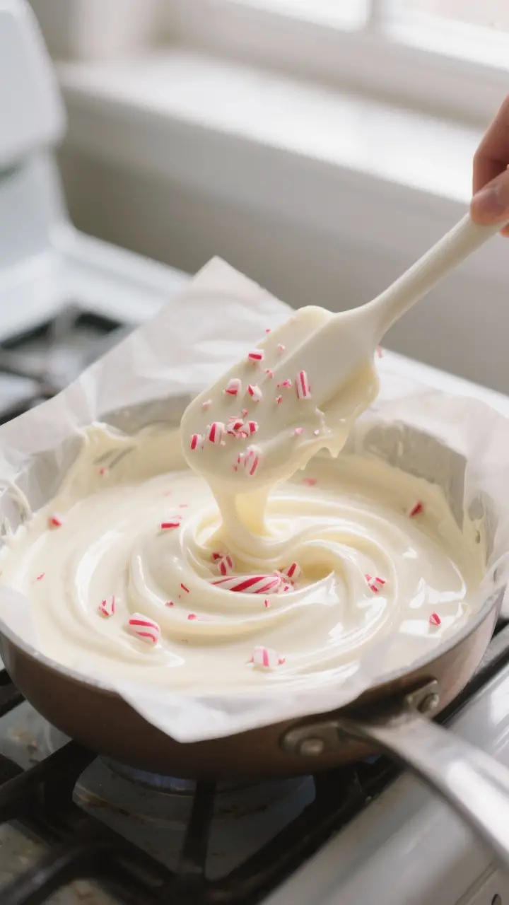 Cooking process close-up: A medium saucepan off the heat with freshly melted white chocolate pepperm