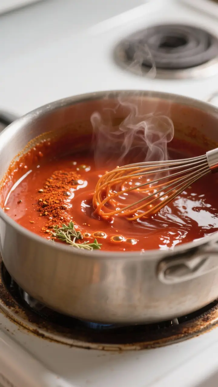 Cooking process close-up: A medium saucepan on the stovetop with a glossy, brick-red enchilada sauce