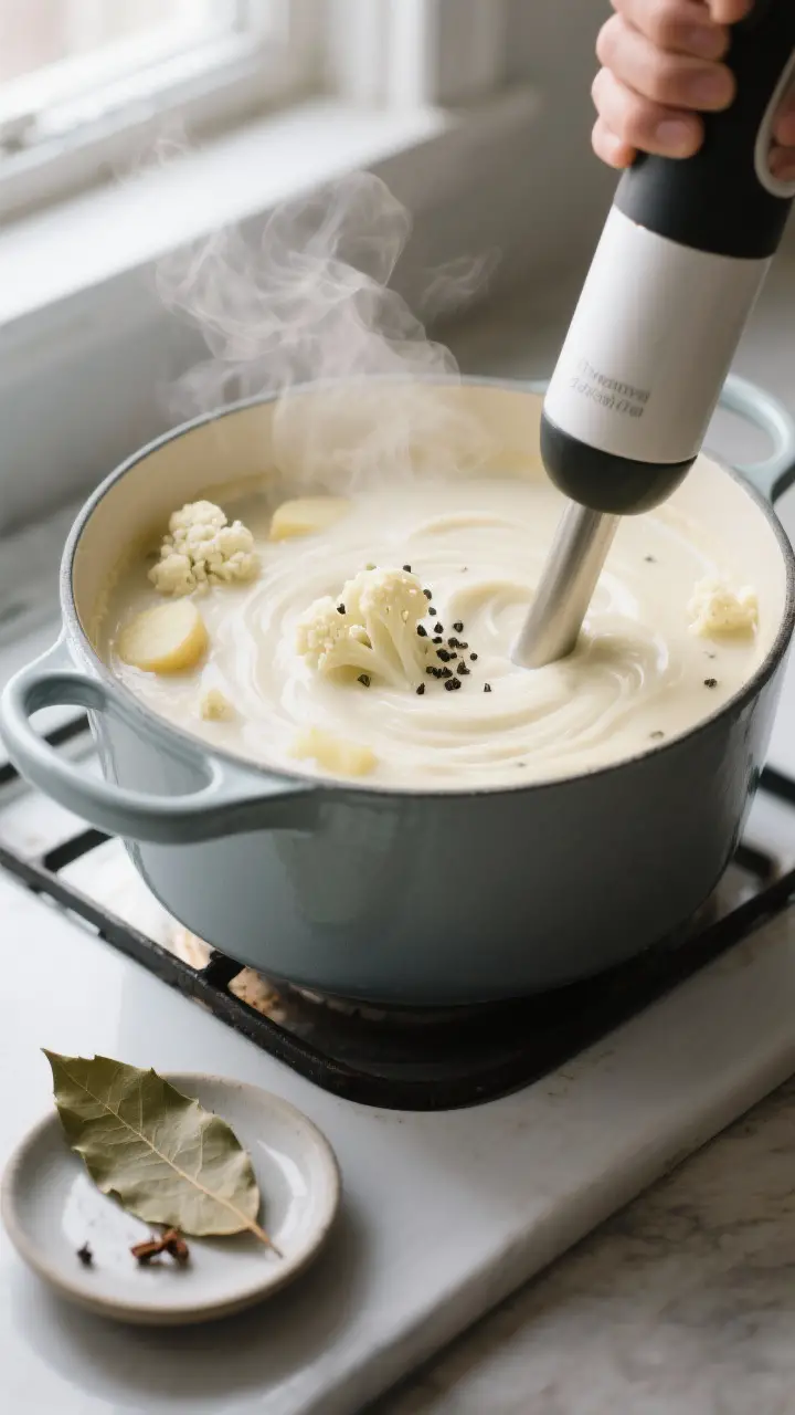 Cooking process close-up: A steaming pot of creamy cauliflower soup mid-blend with an immersion blen