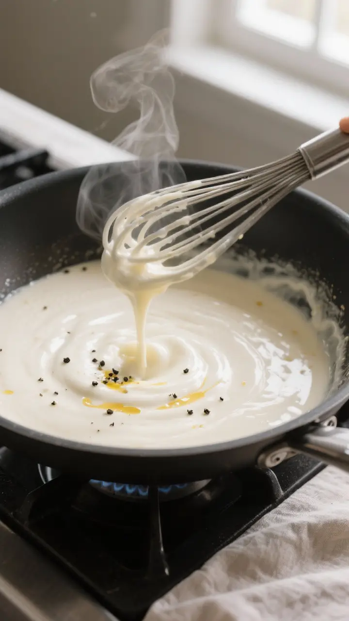 Cooking process close-up: A wide saucepan on the stove with a just-thickened, velvety white cheese s