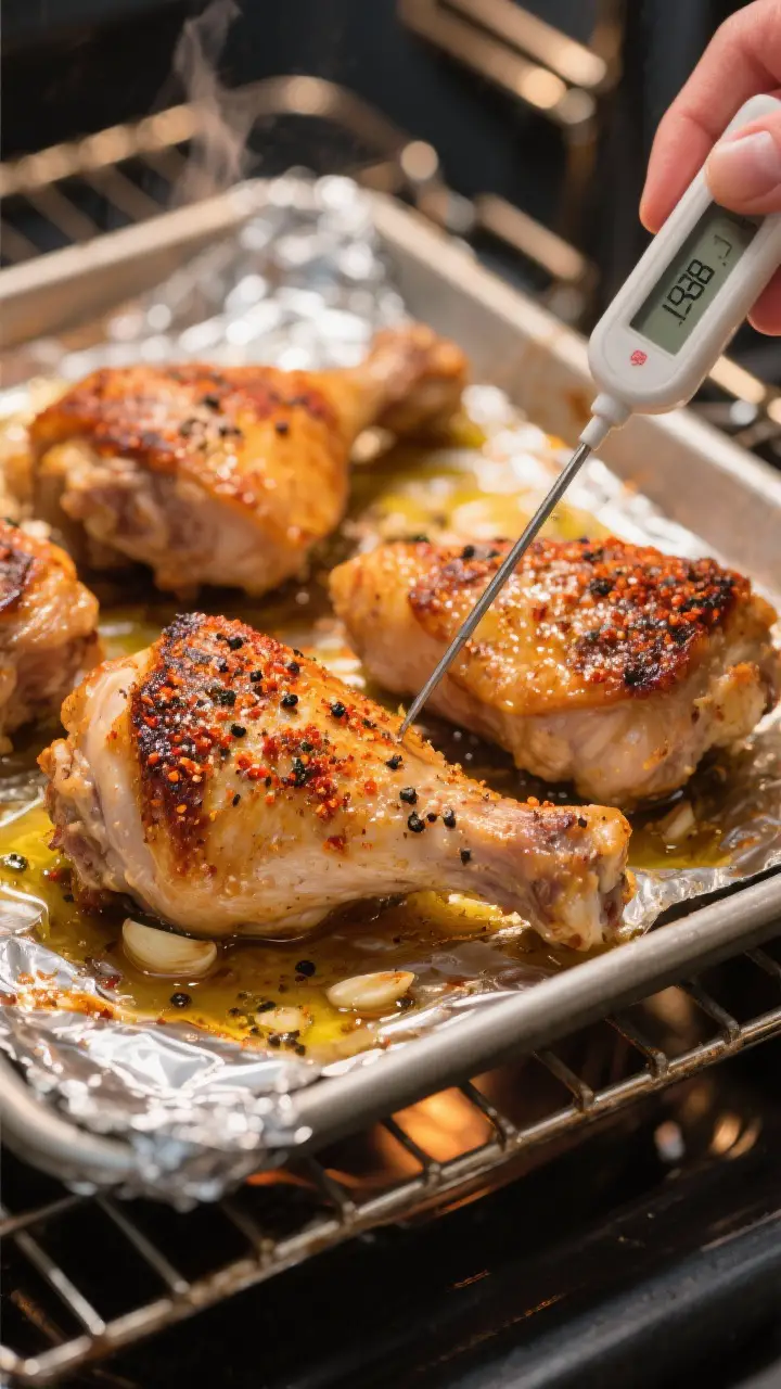 Cooking process close-up: Broiled chicken thighs skin-side up on a foil-lined sheet pan set on a wir