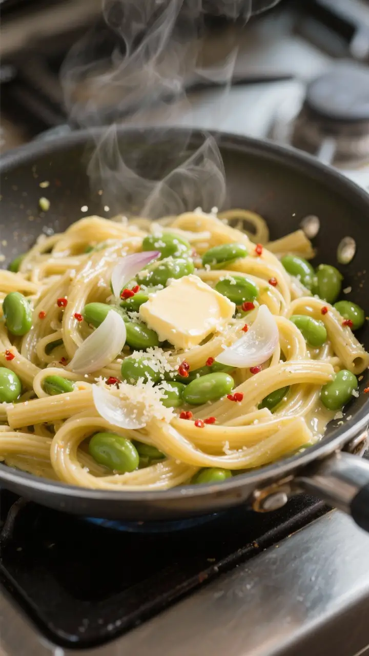 Cooking process close-up: Bucatini being tossed with glossy emulsified sauce and tender bright-green