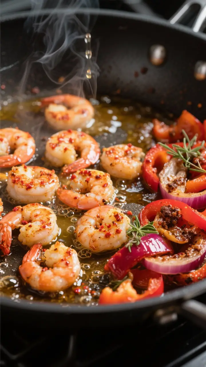 Cooking process, close-up: Cajun-seasoned shrimp sizzling in a large skillet, mid-sear with light ch