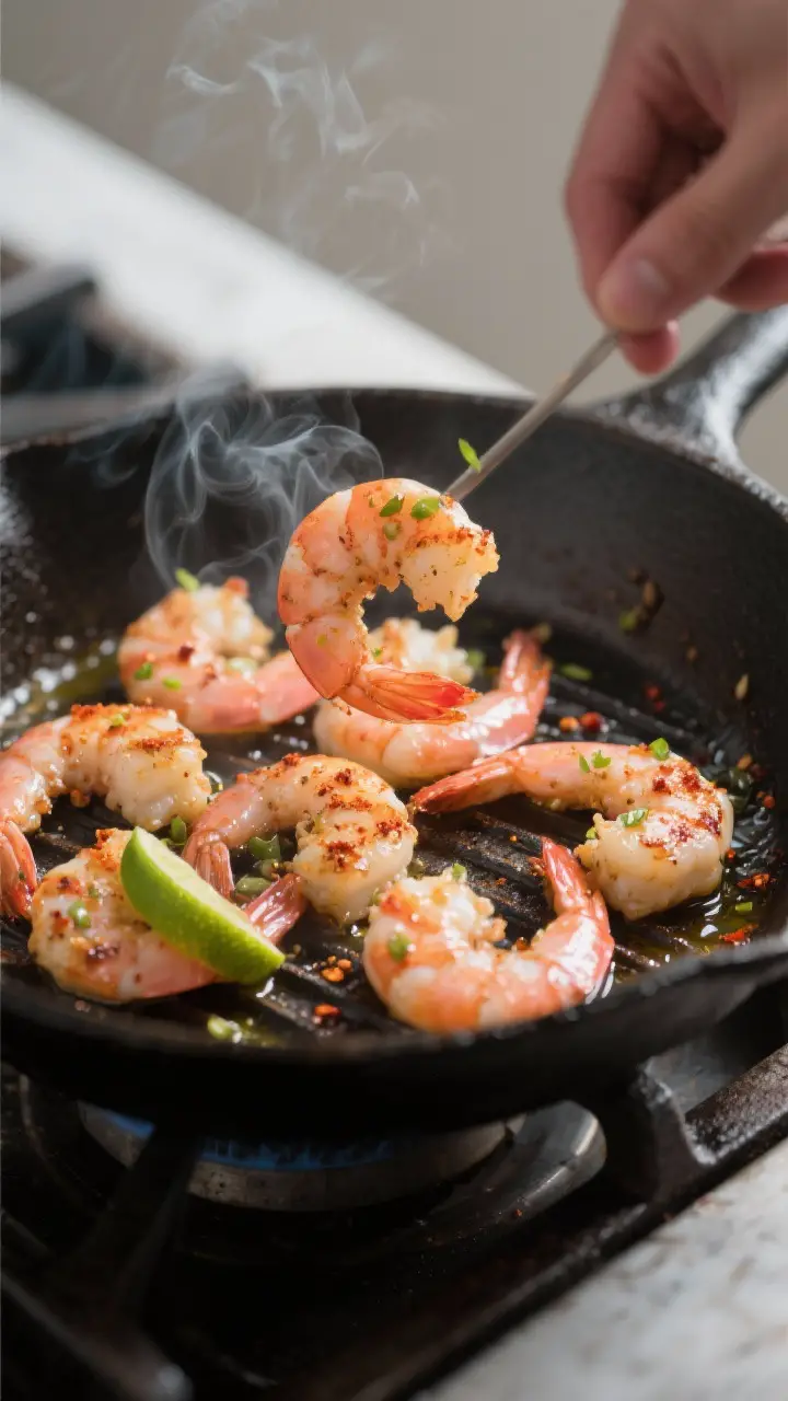 Cooking process close-up: Chili-lime marinated shrimp sizzling on a hot cast-iron grill pan, mid-fli