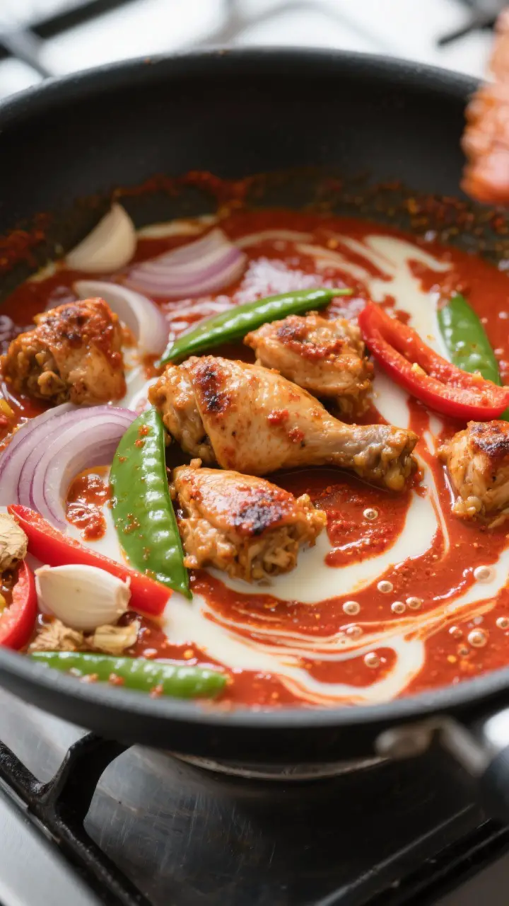 Cooking process, close-up: Close-up of coconut curry sauce blooming in a skillet—red curry paste s
