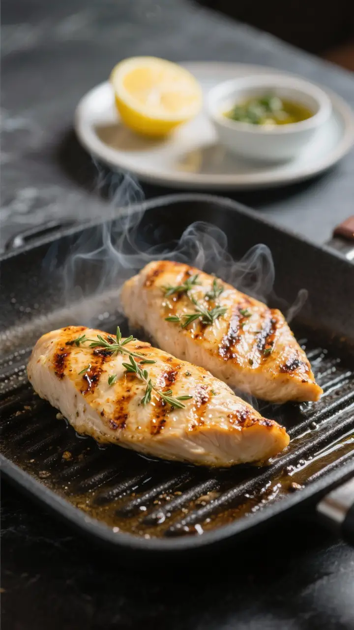 Cooking process, close-up: Close-up of grilled chicken breasts sizzling on a lightly oiled grill pan