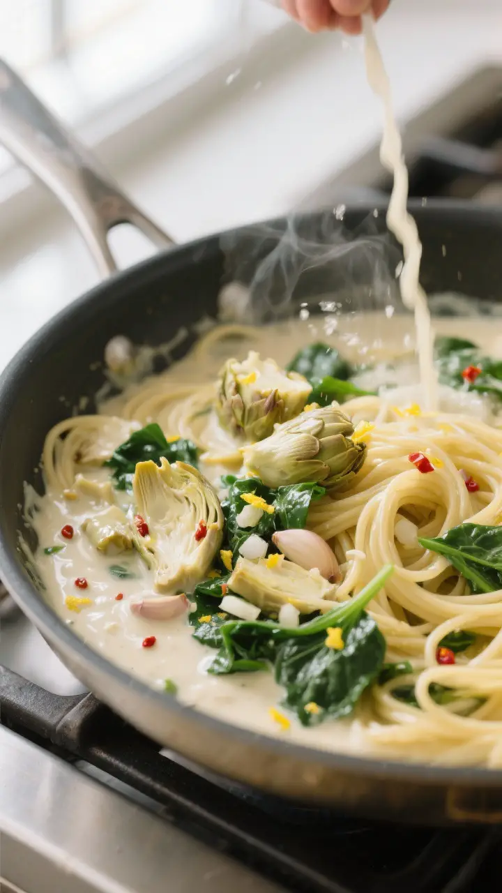 Cooking process close-up: Creamy artichoke linguine sauce in a stainless skillet mid-simmer, capturi