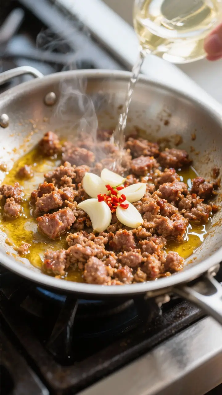 Cooking process close-up: Crumbled Italian sausage browning in a wide stainless skillet, edges deepl