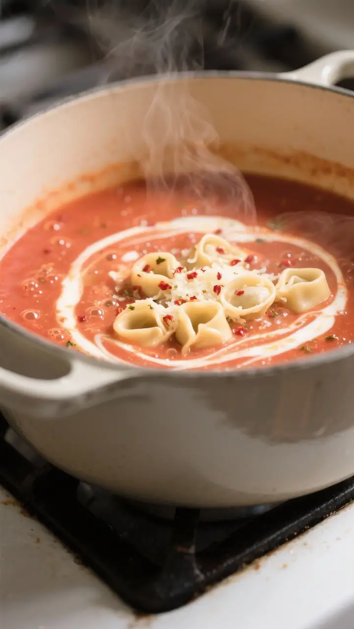 Cooking process, close-up detail: A Dutch oven of creamy tomato soup at a gentle simmer right after 